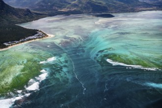 Underwater waterfall, optical illusion, natural phenomenon, aerial view, reef, coral reef, fringing