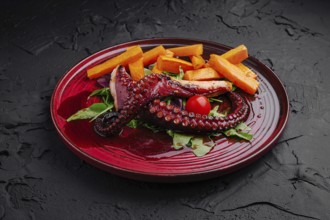 food still-life, A beautifully arranged dish features grilled octopus, bright red cherry tomatoes,