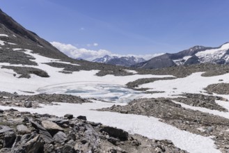 Landscape panorama, Großglockner. Mirror lake, ice
