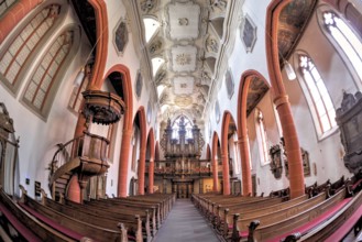 Interior of the town church of Limburg in a distorted wide-angle shot, Limburg an der Lahn, Germany