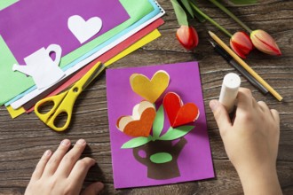 Instructions, step 8. Greeting card with bouquet flowers tulips on Mother's Day. Children's art