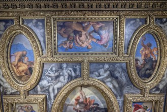 Baroque ceiling adorned with mythological frescoes, trompe l'oeil painting and gilded frames,