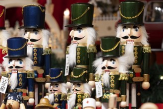 Detailed nutcrackers in a festive atmosphere, traditionally used as Christmas decorations at a