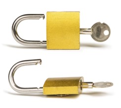 Yellow padlock and keys isolated studio shot