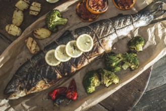 Roasted salmon and vegetables on vintage wooden table