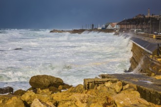 Whole gale in the Mediterranean Sea. Huge foamy waves fight about the coast. New Quay in the Old