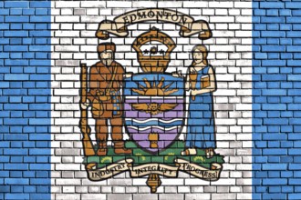 Flag of Edmonton painted on brick wall