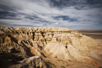 The flaming cliffs of Bayanzag, a region in the Gobi desert of Mongolia famous for discoveries of