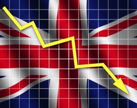 The British flag and arrow graph going down
