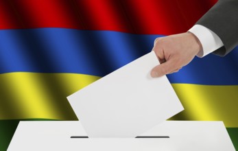 The Mauritius flag and the hand with the bulletin about the ballot box