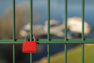 Love lock and grid of the lift bridge Walsum in Duisburg, North Rhine-Westphalia, Germany, with