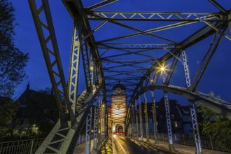 Waasenbrücke and Schwammerlturm, landmark of Leoben, blue hour, Leoben, Styria, Austria