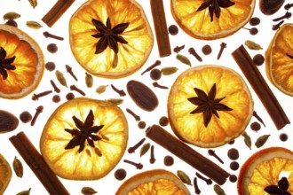 Christmas background with spices and dry orange's slices