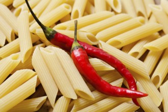 Italian raw pasta - penne background and chilli pepper