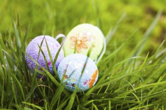 Three colorfull easter eggs on green grass