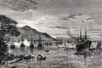 The French fleet at anchor off Kowloon, Hong Kong Island and the city of Victoria, 1860