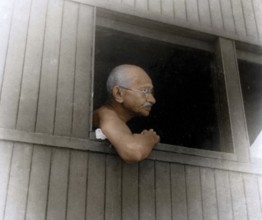 Mahatma Gandhi in train on way to Shimla, India, Asia, June 24, 1945
