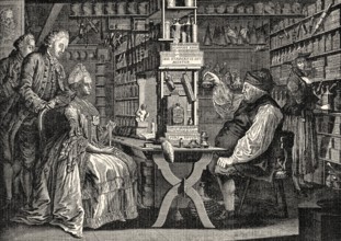 The Quack Doctor from Switzerland, Michel Schuppach, in his pharmacy examining a young woman's