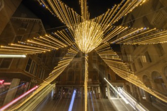 Lighting in the historic centre, night shot, zoom effect, Campo San Luca, Venice, Italy