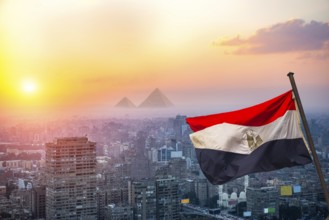 View of evening Cairo from above and egyptian flag