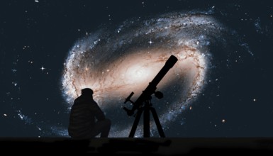 Man with telescope looking at the stars. Spiral galaxy in the constellation Eridanus NGC 1300