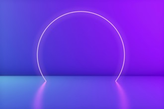Glowing neon circle in the room. Stage for product or text. Trendy colors. 3d rendering. Copy space