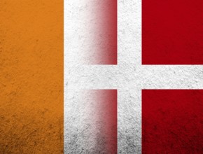 The Kingdom of Denmark National flag with Ivory Coast National flag. Grunge Background