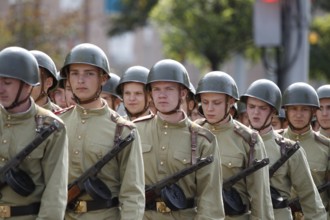 Belarus, Gomel, 09 May 2017. soldiers in the form of the Second World War in helmets