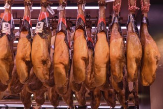The stalls selling Jamón Serrano, the dry-cured Spanish ham made with Iberian pigs, in Barcelona,