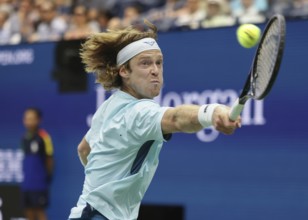 Tennis player Andrey Rublev of Russia in action at the US Open 2024 Championships, Billie Jean King
