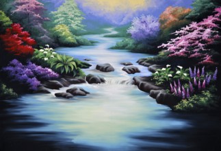 Theatre backdrop featuring forest and stream
