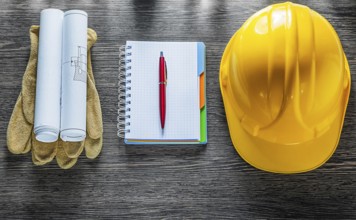 Protective gloves construction plans safety cap notebook pen