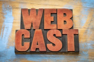 Webcast word abstract in vintage letterpress wood type agains grunge wooden background