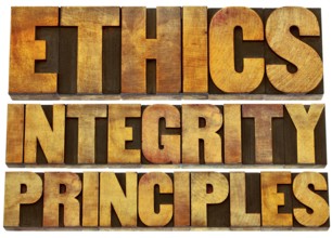 Ethics, integrity and principles word abstract - isolated text in grunge letterpress wood type