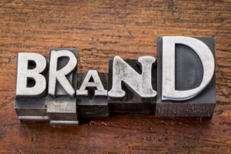 Brand word in vintage metal type printing blocks over grunge wood, mixed fonts in style and size