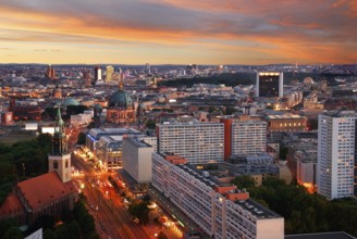 Aerial image of berlin skyline with potsdamer platz and berliner dom at dawn