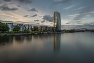 The Flosserbrucke and the ECB building in Frankfurt am Main, Germany, July 2017