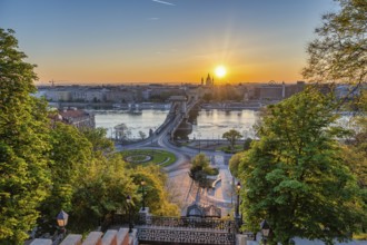 Budapest Hungary, sunrise city skyline at Danube River with Chain Bridge and St. Stephen's Basilica