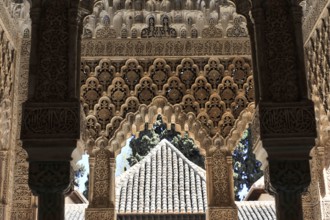 Alhambra, Granada, Andalusia, Spain, Europe, Ornate Islamic arcades with complex patterns that play