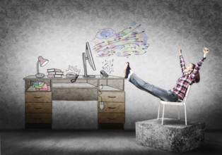 Young happy woman relaxing in room. Creative freelance designer sitting on chair and putting feets