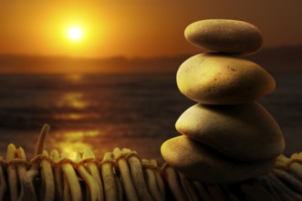 Stacked stones on wooden base for spa. Sunrise background