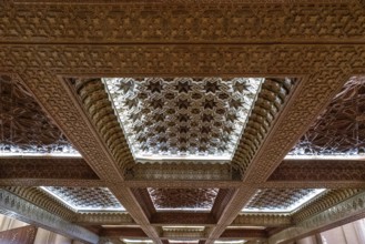 Casablanca, Morocco, 29 March, 2024: intricately carved cedar ceiling of the mezzanine in the