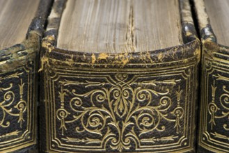Old books on shelf. French encyclopedia. Close up shot