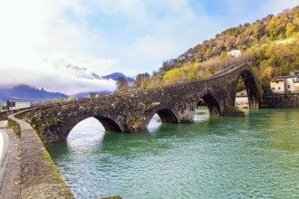 Bridge of Mary Magdalene in Borgo a Mozzano. Italy, province of Tuscany. Impressive medieval bridge