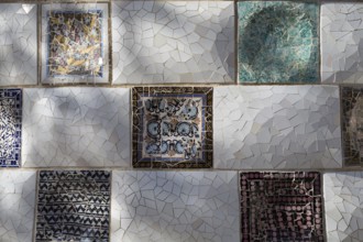 Close-up of the ceramics in Park Guell Barcelona created by Antonio Gaudi