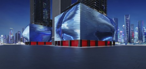 Perspective horizontal view of empty ground floor with modern building and beautiful nigh city