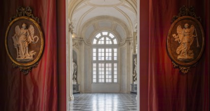Venaria Reale, Italy, 16 July 2023: luxury gallery perspective, decorative marble, indoor, nobody,