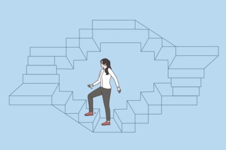 Work, career and success business concept. Young business woman walking up endless stairs on circle