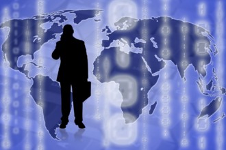 Illustration of a businessman on top of a world map