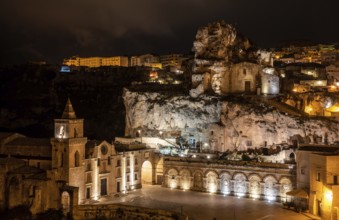 Famous church of Saint Peter Caveoso in Matera at night, Southern Italy